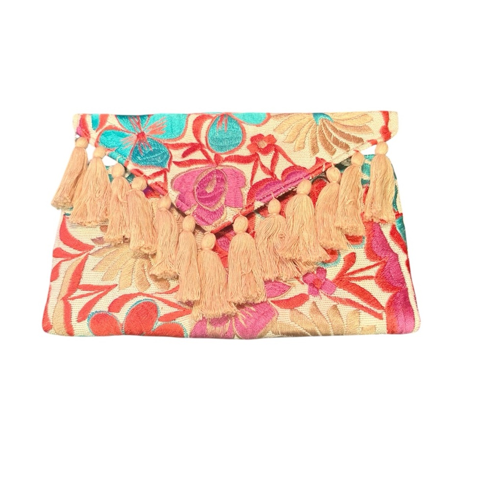 Embroidered Floral Envelope Clutch with Tassels